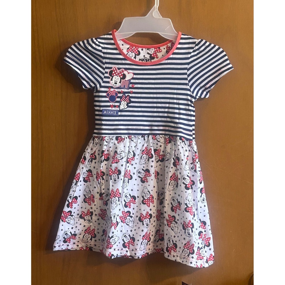 Disney Minnie Mouse Girls Dress Size 5 Navy Stripe Red Bow Character Dress NWT